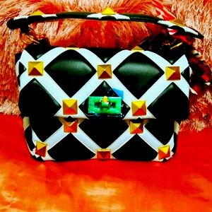 Luxurious Black and White Evening Bag Designer Chain and Gold Studs